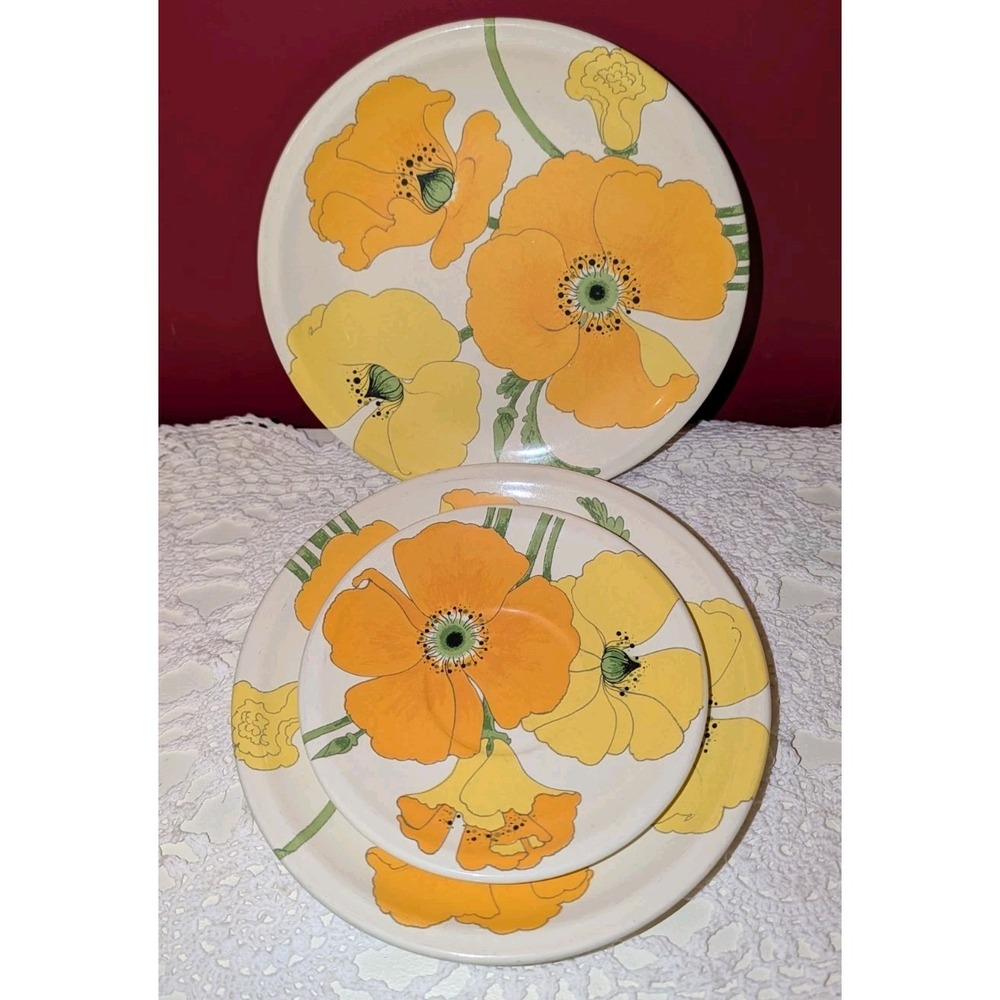 Set of 3 Wild Poppy Trail 2- 8" salad Plates 1- 6" saucer Yellow Orange Green